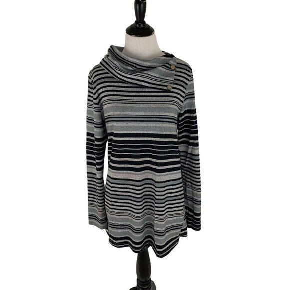 Unbranded Women's M Medium Cowl Neck Sweater Striped Blue Gray Polyester Blend - Picture 1 of 7